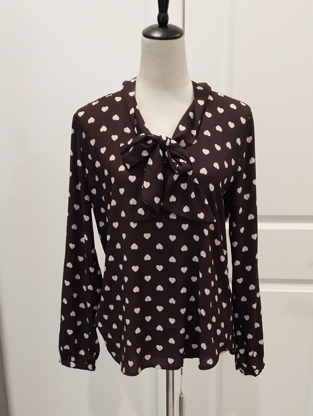 LOFT Brown Heart-Print Bow-Neck Blouse